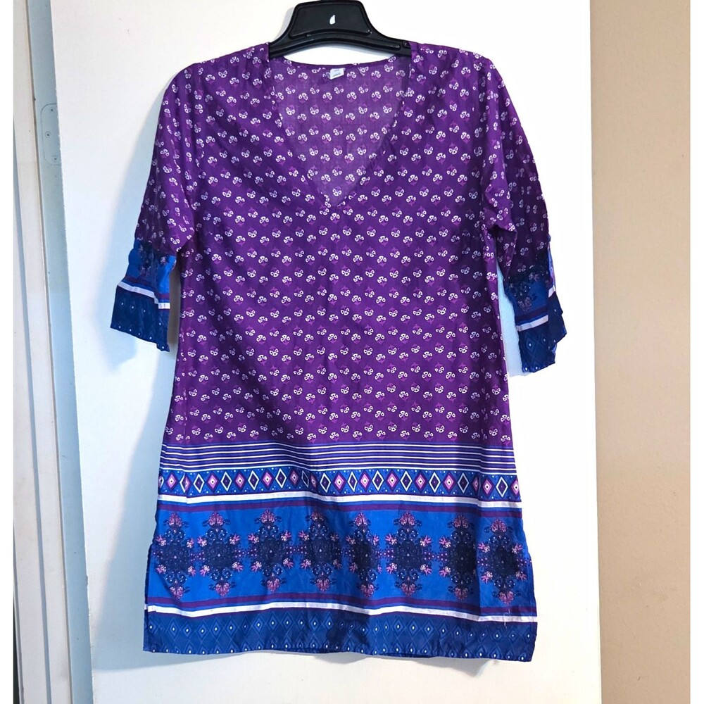 Old Navy Shift Dress 3/4 Sleeve Crew Neck Purple/Blue Floral Cotton Woven L
